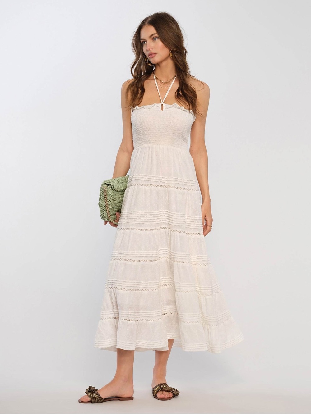 Heartloom Doe Dress Halter Smocked Lace White Tiered Midi Summer Sundress